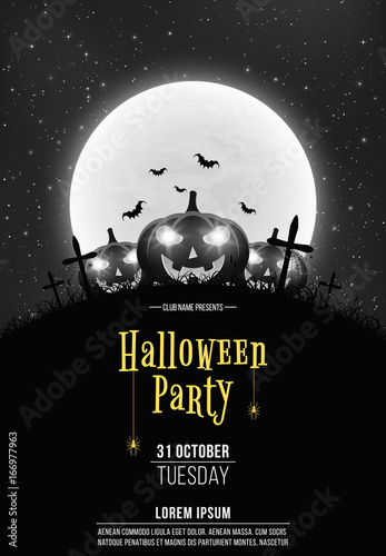 Black and white Retro background for Halloween party. Cartoon pumpkins in the cemetery. Full moon and starry sky. Template for your project. Your text. Vector illustration