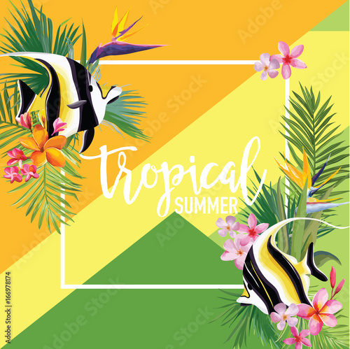 Tropical Flowers and Fish Summer Banner, Graphic Background, Exotic Floral Invitation, Flyer or Card. Modern Front Page in Vector
