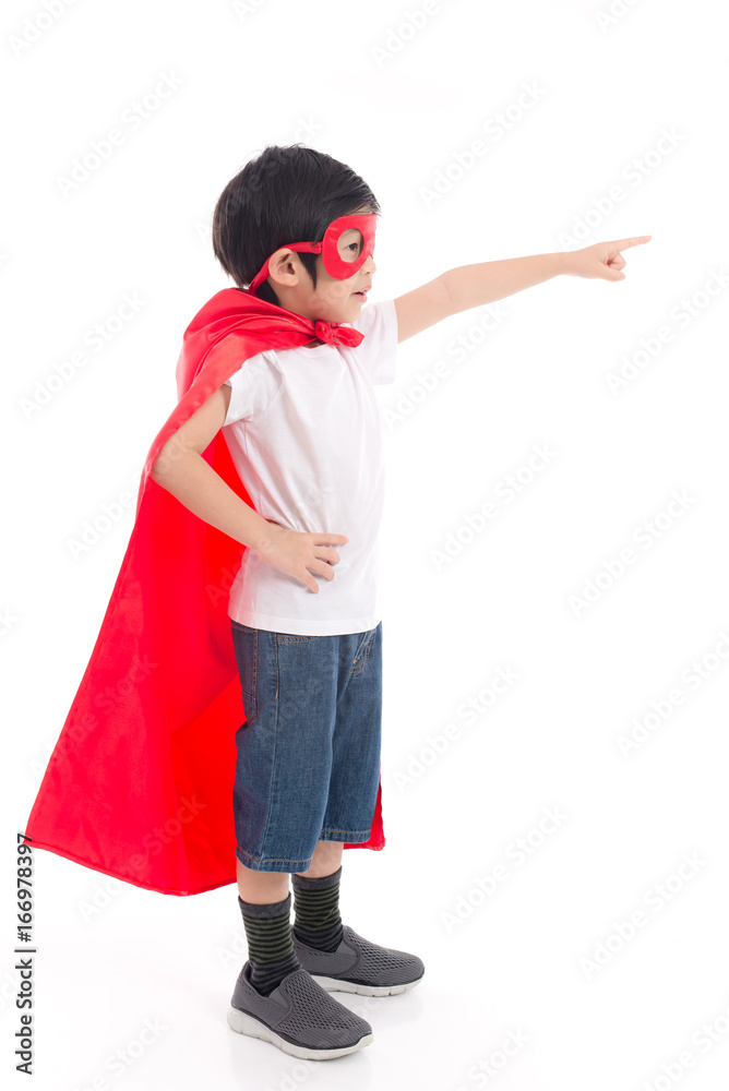 Cute Asian child  in Superhero's costume pointing