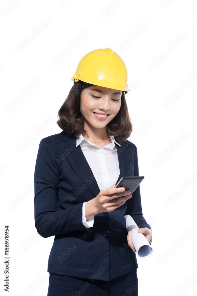 Smiling architect woman using smartphone isolated on white. Smiling architect woman using smartphone isolated on white.