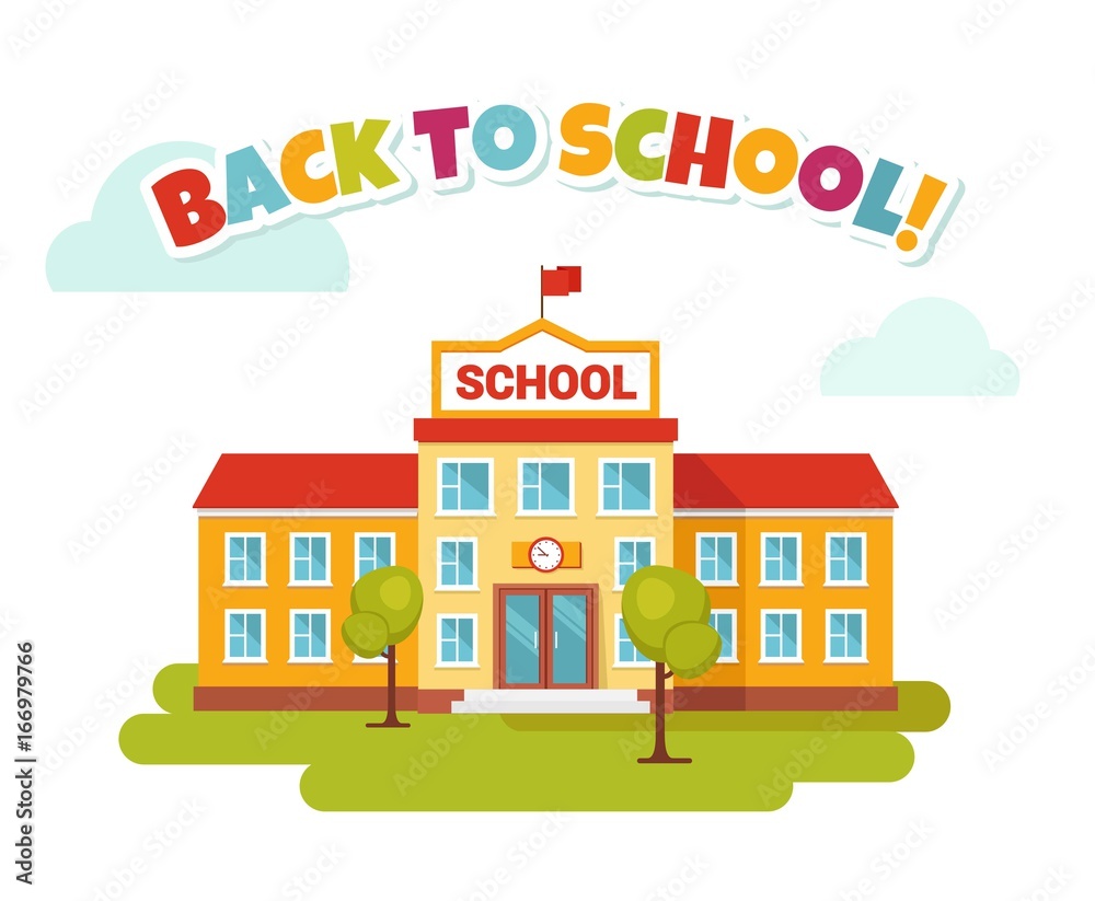 Vector illustration of school building. Front yard. Welcome back to school.Back to school colorful letters.  Flat style.