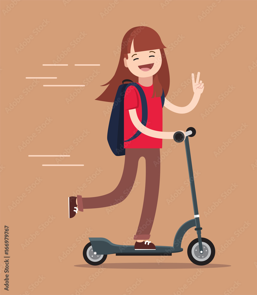 Cute school girl enjoying riding scooter.Happy teenage girl riding
