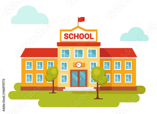 Vector illustration of school building. Front yard. Welcome back to school.Buildings for city construction. Flat style.