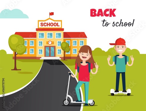 School building and front yard with students children. School background with back to school concept in flat style. Vector illustration
