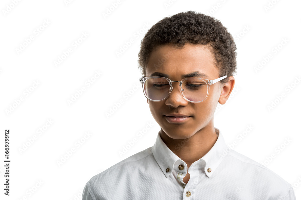 portrait of african american teenager in eyeglasses and white shirt looking away isolated on white portrait of african american teenager in eyeglasses and white shirt looking away isolated on white