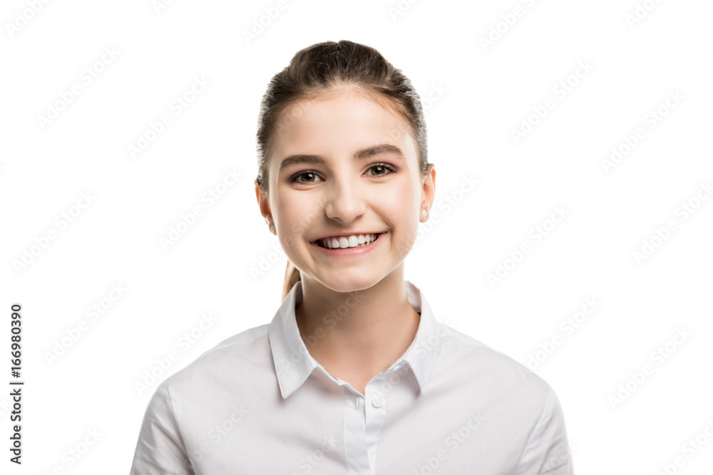 portrait of cheerful caucasian teenage girl in white shirt isolated on white portrait of cheerful caucasian teenage girl in white shirt isolated on white