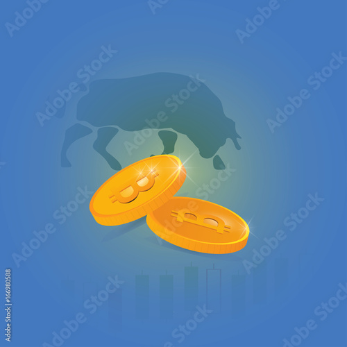 Bitcoin growth or bull market concept: Two vector gold coins with bitcoin signs, bull silhouette and growth graph on a background.
