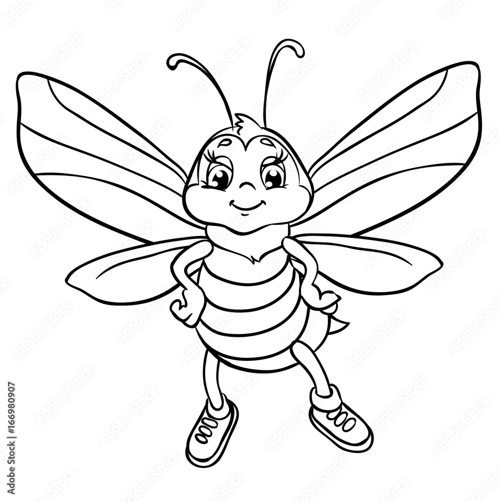 Fototapeta premium Cute bee flies. Isolated on a white background. Outlined for coloring book.
