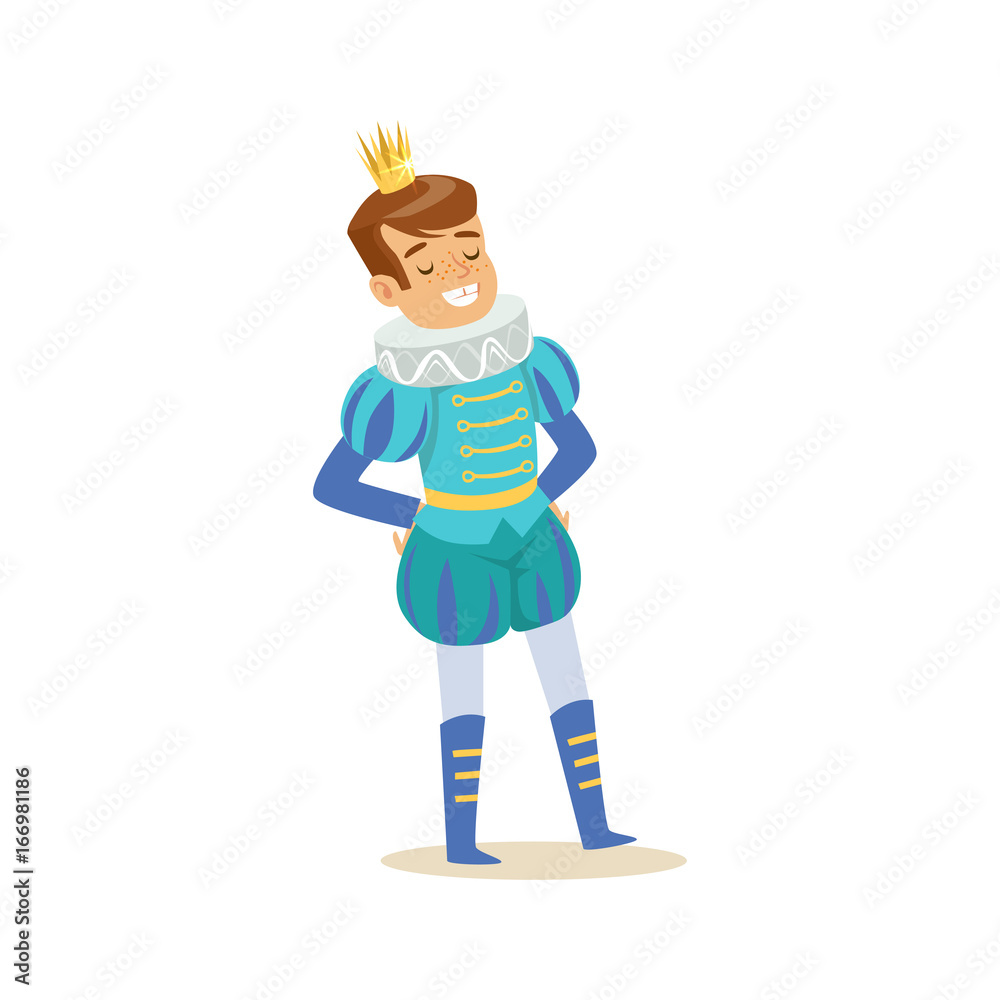 Cute little smiling boy wearing a blue prince costume, fairytale costume for party or holiday vector Illustration Cute little smiling boy wearing a blue prince costume, fairytale costume for party or holiday vector Illustration