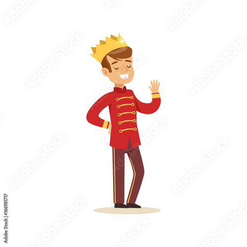 Cute little boy wearing in a red prince costume, fairytale costume for party or holiday vector Illustration
