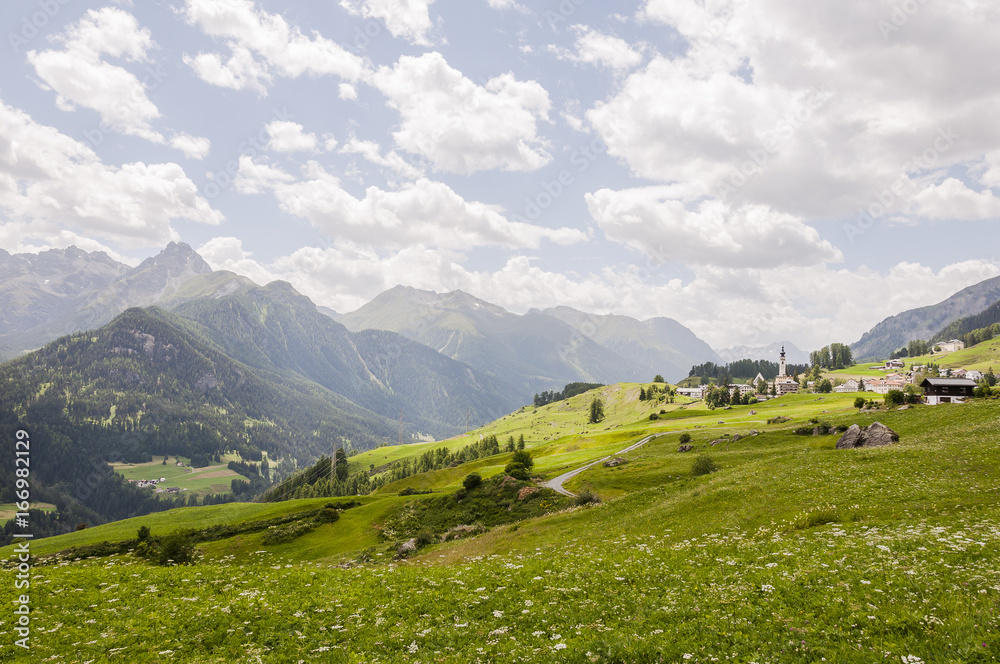 Ftan, Dorf, Engadin, Unterengadin, Alpen, Graubünden, Wanderweg, Bergbauer, Felder, Bergwiesen, Bergstrasse, Sommer, Schweiz