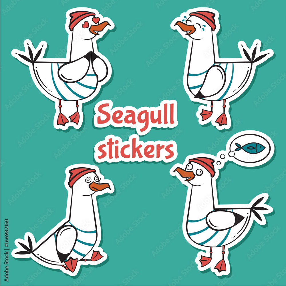 Fototapeta premium Four bird seagull stickers isolated on blue background