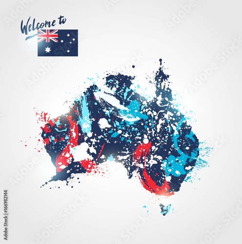 Welcome to Australia. Colorful australian map with  flag and paint/ink splashes. Welcome to inscription. Vector illustration