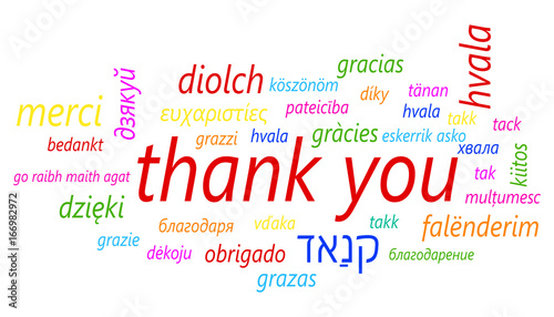 Colorful thank you in many languages vector icon. Global thank you text flat vector illustration. Business concept pictogram on white background.