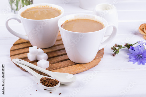 Medicinal plant chicory, Diet drink chicory in a cup with milk for breakfast on a white table.