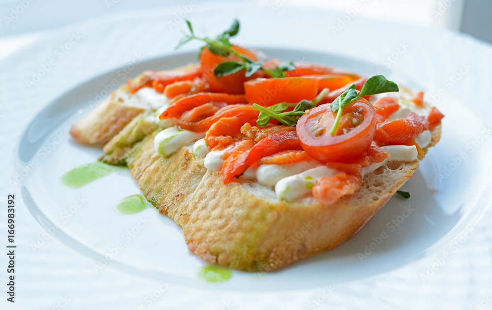 Bruschetta with soft cheese and smoked salmon