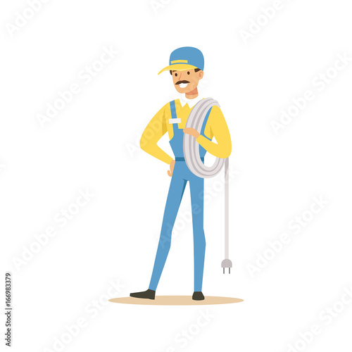 Professional electrician man character standing with wire roll, electrical works vector Illustration