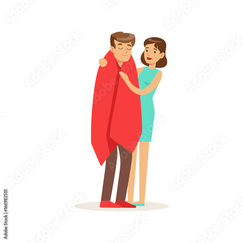 Woman helping a man wrapped in red a blanket, first aid vector Illustration