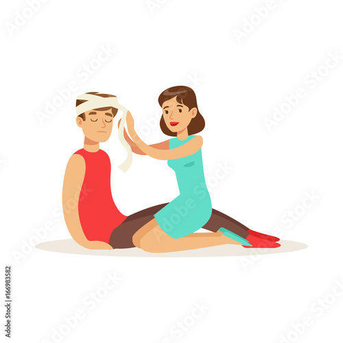 Woman bandaging the head of the injured man, first aid vector Illustration