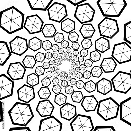 Background, pattern, black and white spiral pattern. Round centered Halftone illustration. Hexagon, honeycomb, honey, commerce, business.