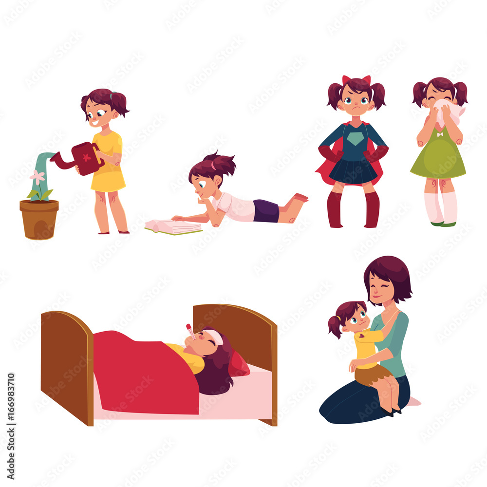 Daily routine, little girl doing chore, helping mother, feeding cat ...