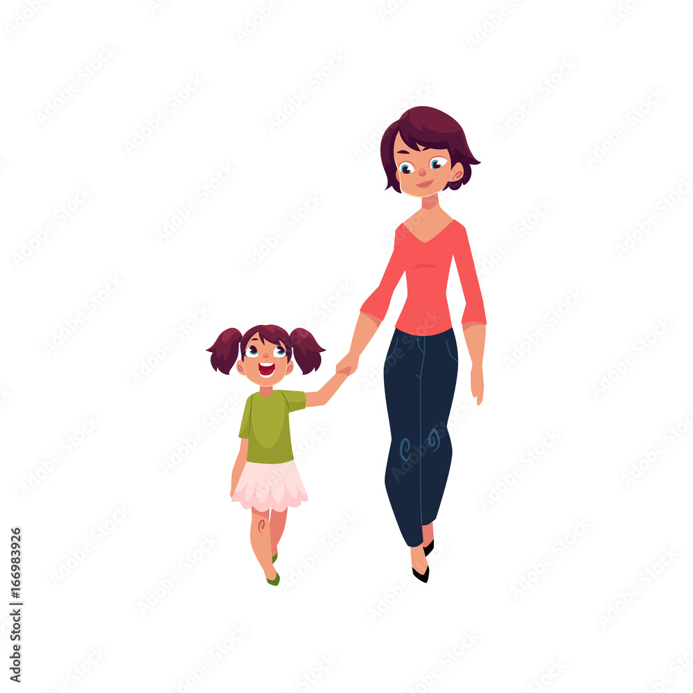 Mom and daughter, little girl walking with her mother, holding hands and  talking, cartoon vector illustration isolated on white background. Cartoon  girl walking with her mom, mother and daughter Stock Vector |