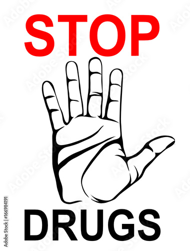 No Drugs. The hand shows a gesture of stop. Vector. Poster 