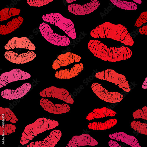 Red lipstick kiss seamless pattern, female lips on black background. Vector