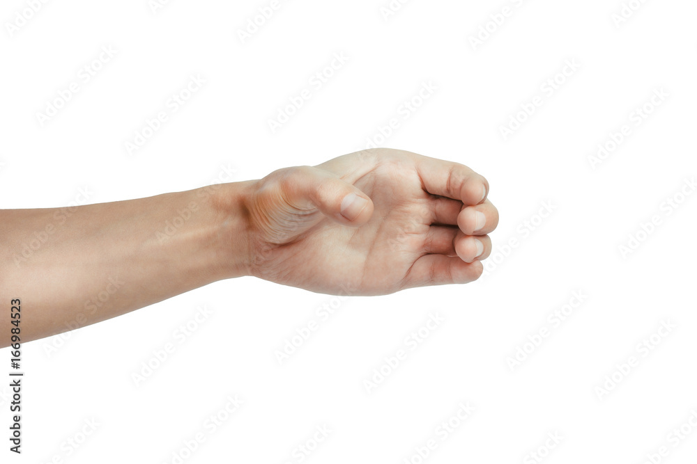 man hand holding something like a bottle on white background man hand holding something like a bottle on white background