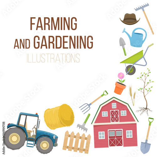 Set of colorful farming equipment icons. Farming tools and agricultural machines decoration. Vector