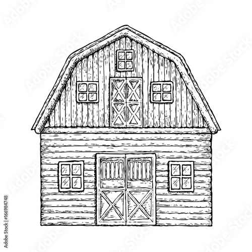 Farming barn. Farm house for agriculture equipment, sketch illustration. Vector