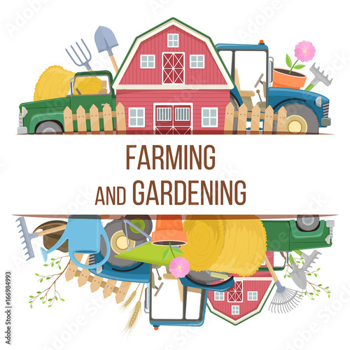 Set of colorful farming equipment icons. Farming tools and agricultural machines decoration. Vector