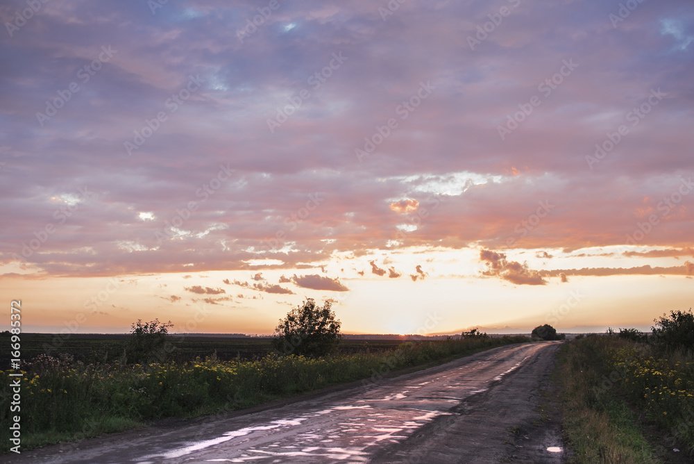 Landscape after the rain. Road leaving into the distance at sunset.