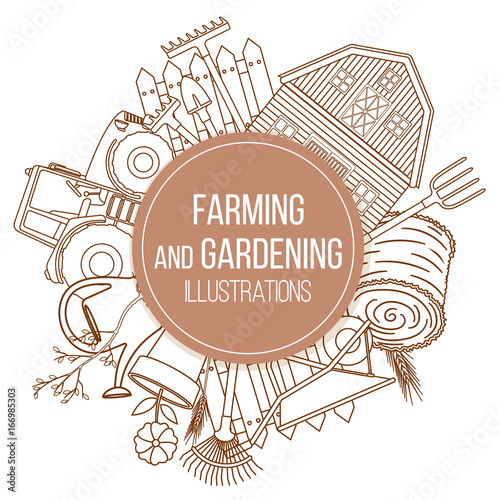 Set of farming equipment liine icons. Farming tools and agricultural machines decoration. Vector