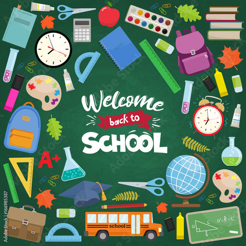 Set of different school supplies on a green chalkboard background. Decoration elements for Back to school holiday. Vector