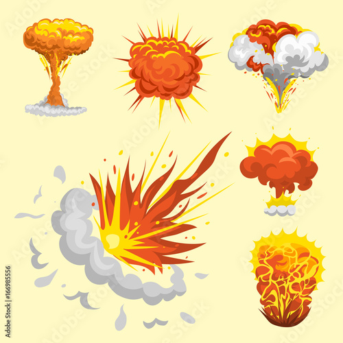 Cartoon explosion boom effect animation game sprite sheet explode burst blast fire comic flame vector illustration.