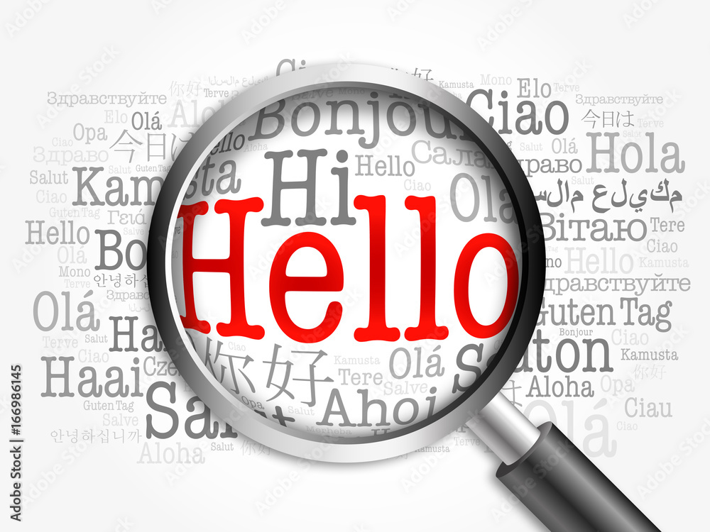Hello word cloud in different languages of the world with magnifying glass, background concept 3D illustration Hello word cloud in different languages of the world with magnifying glass, background concept 3D illustration