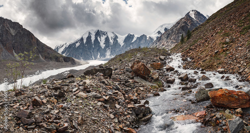 Panoramic view of the long tongue of the Glacier Maashei in the Altai Mountains