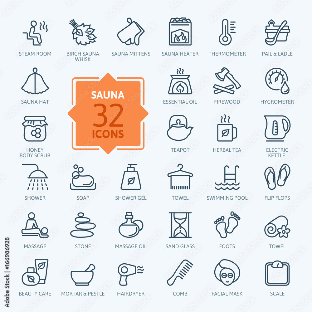 Sauna - outline web icon set, vector, thin line icons collection