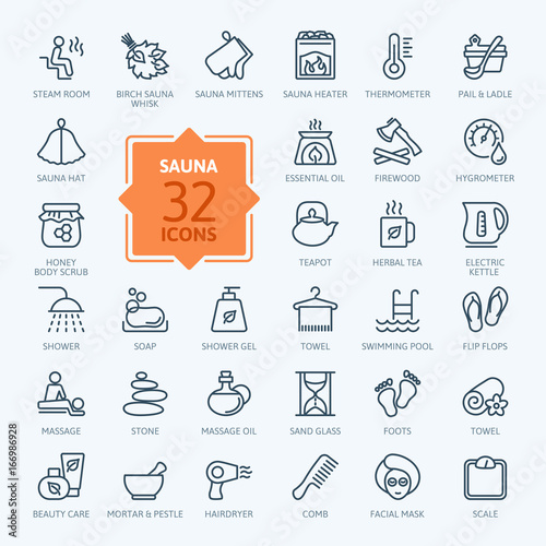 Sauna - outline web icon set, vector, thin line icons collection
