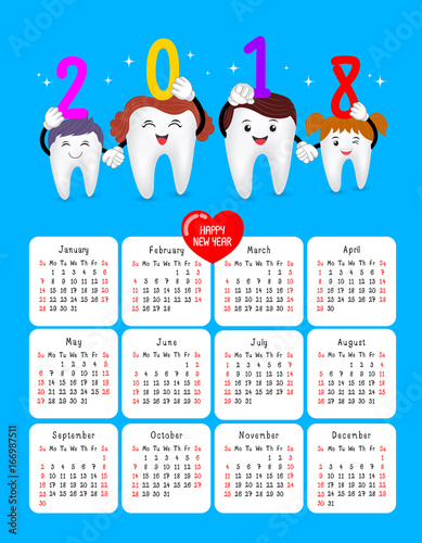 Dental calendar. Happy new year 2018 with cute cartoon tooth family. Illustration isolated on blue background. Week starts Sunday.