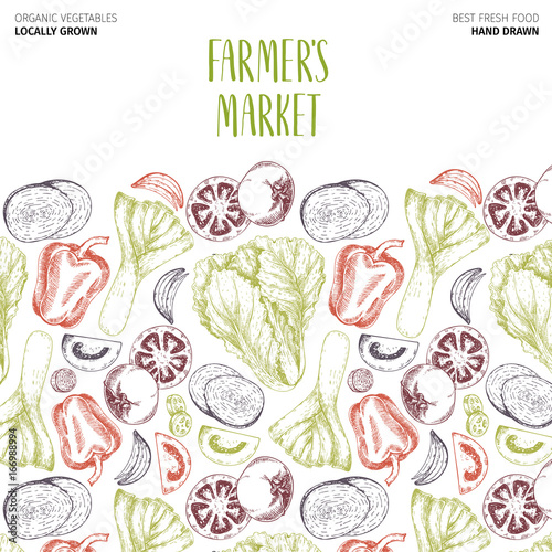 Vector hand drawn farm vegetables. Pattern border composition. Tomato, onion, cabbage, pepper, leek. Engraved art. Organic sketched vegetarian objects.