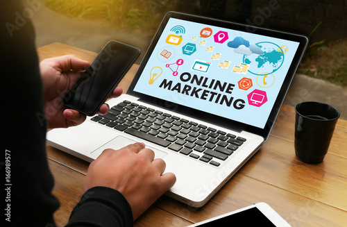 ONLINE MARKETING man on computer Advertisement Social On line Market word  Startup Marketing Online Project