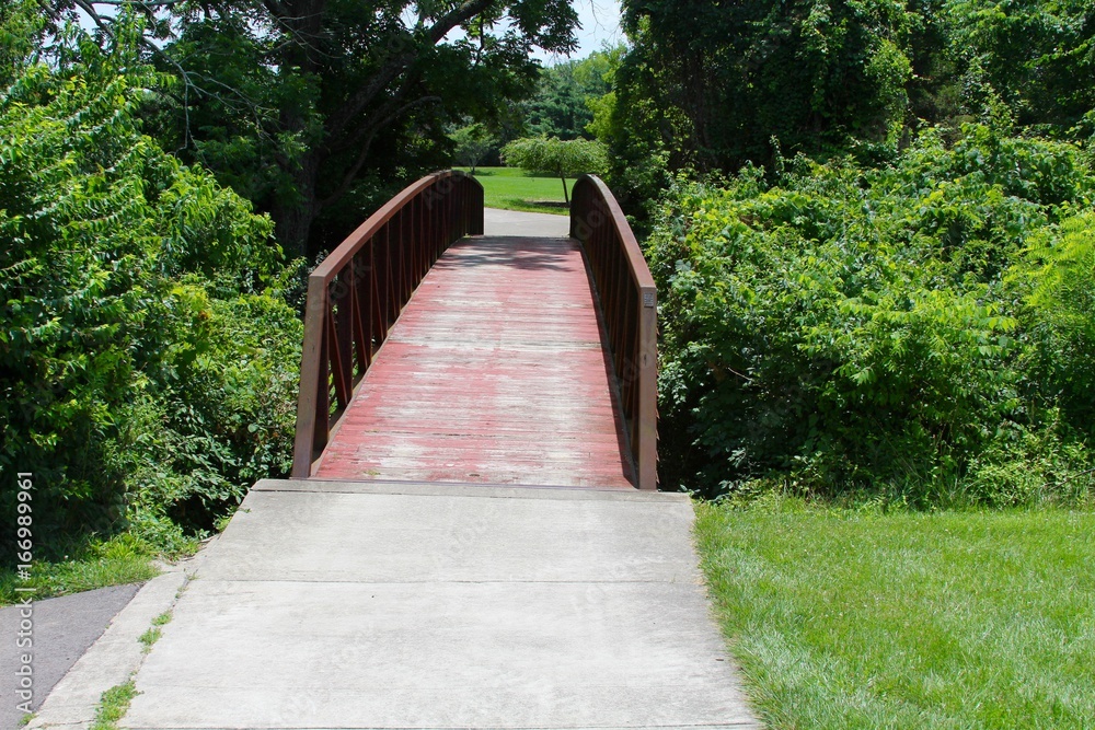 The red metal bridge in the park.