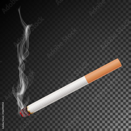 Realistic Cigarette With Smoke Vector. Isolated Illustration. Burning Classic Smoking Cigarette On Transparent Background.