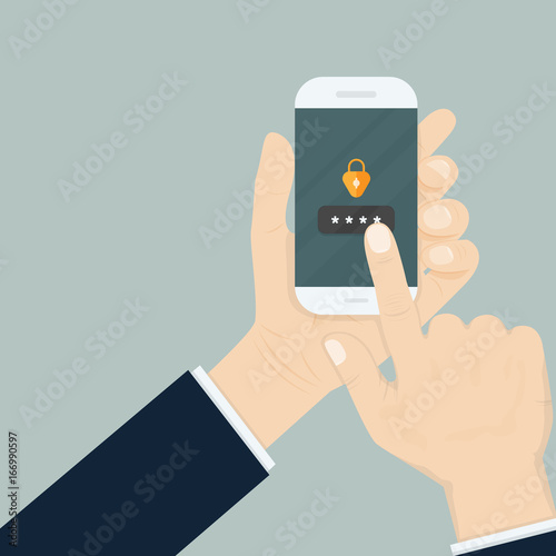 Hand holding smartphone while entering the password.Mobile phone unlocked notification button and password sign,smartphone security,personal access,user authorization, login and protection technology