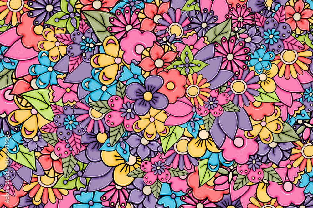 Flowers hand drawn cartoon card background. Spring or summer concept. Vector illustration doodle. Flowers hand drawn cartoon card background. Spring or summer concept. Vector illustration doodle.