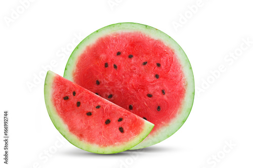 Cut in half fresh watermelon and slices of watermelon isolated on white background.