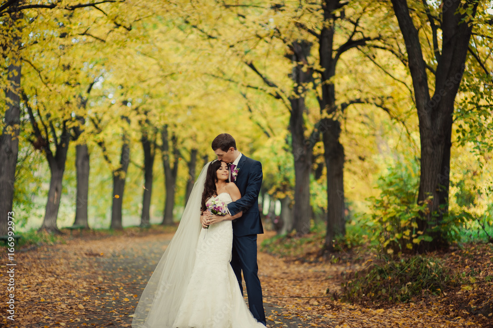 Beautiful wedding couple on a walk in autumn park