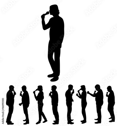 silhouettes set of people singing with microphone